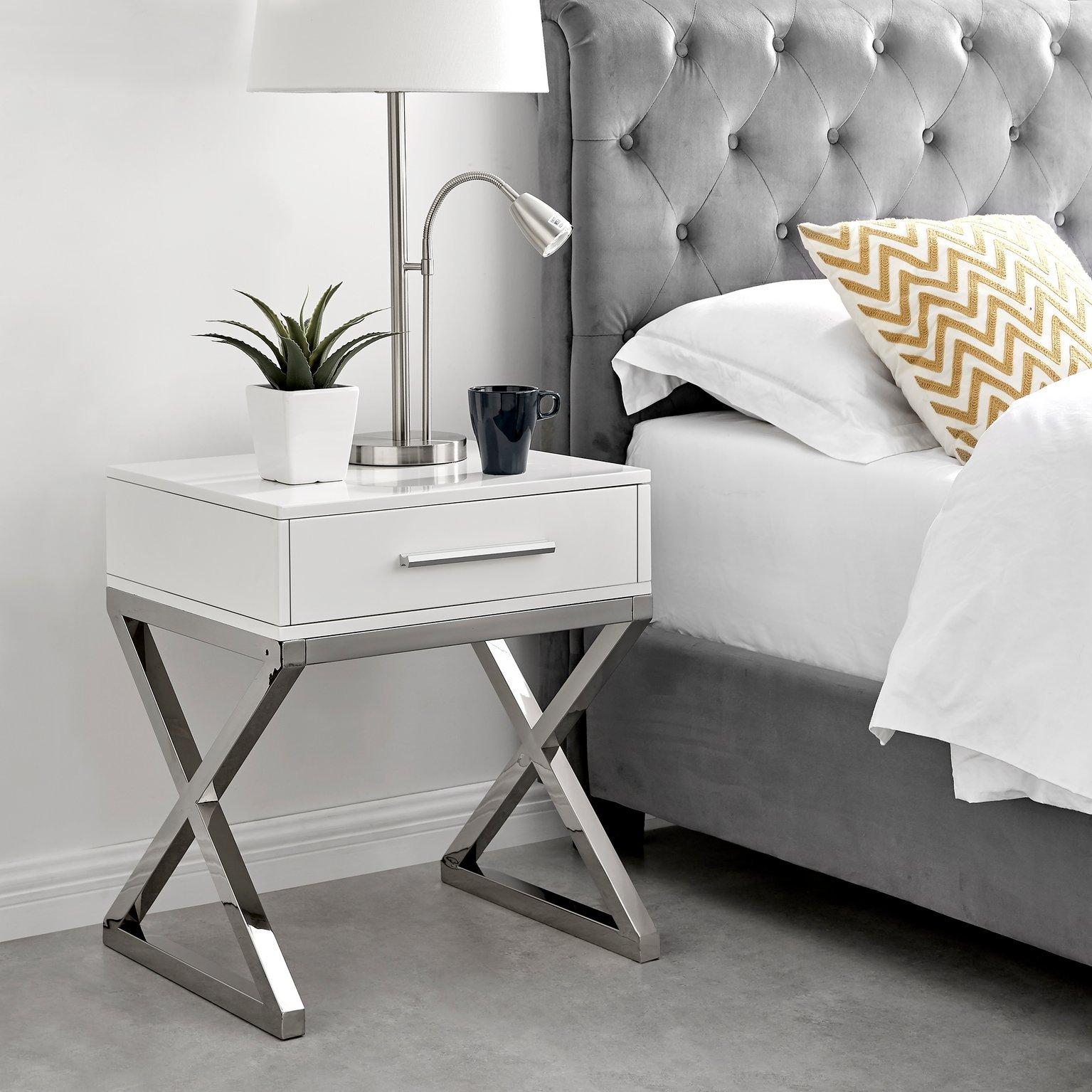 Oxford White High Gloss Contemporary Bedside Table With Single Drawer and Silver Chrome Legs