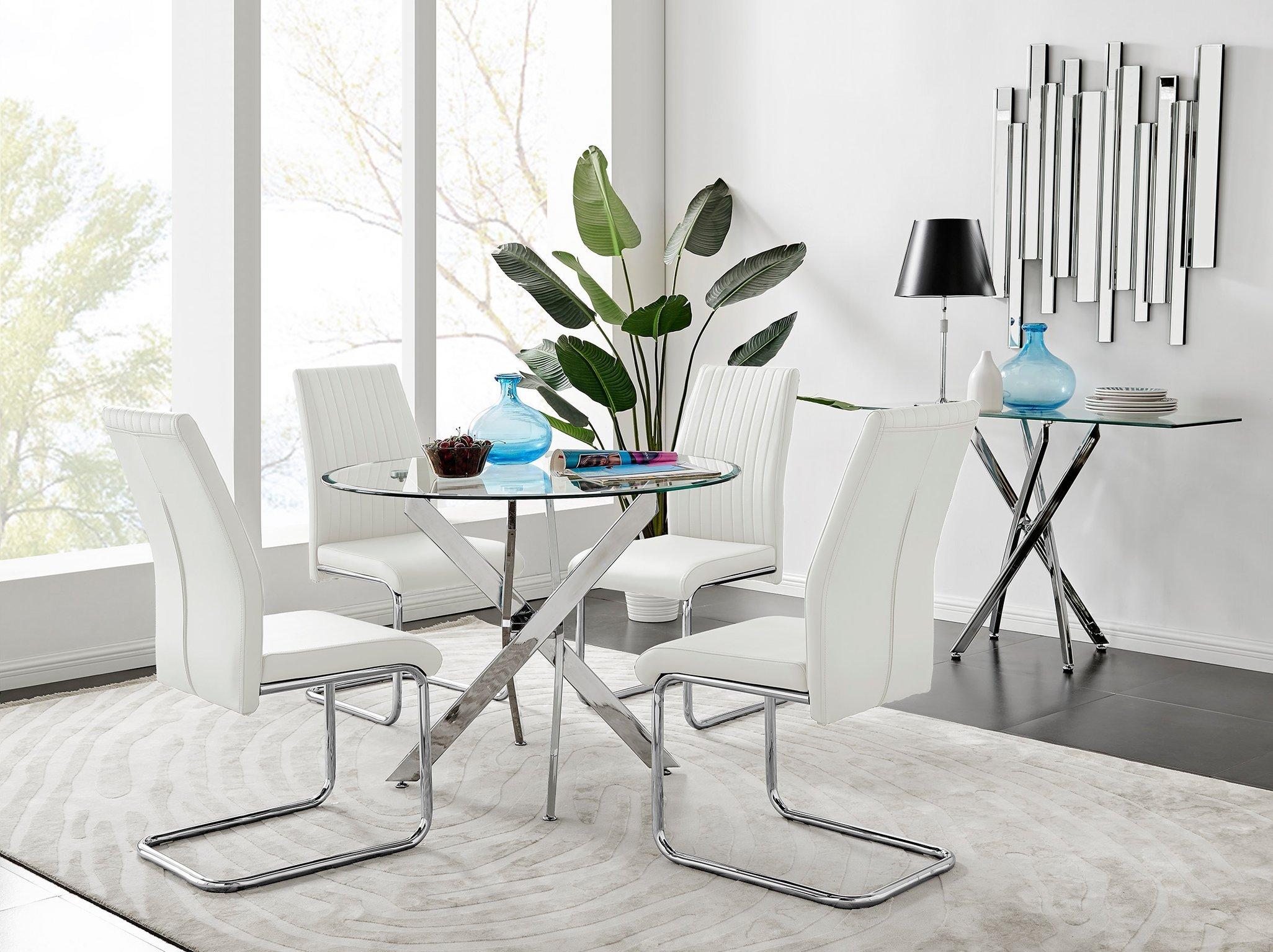 Novara Clear Tempered Glass 100cm Round Dining Table with Chrome Starburst Legs & 4 Lorenzo Faux Lea