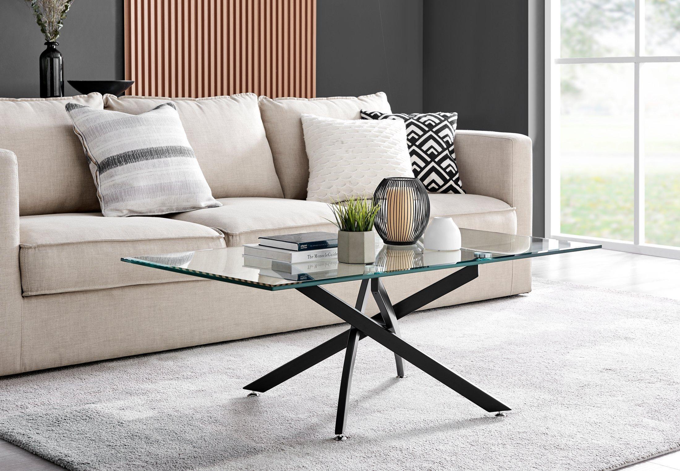 Leonardo Rectangular Glass Coffee Table with Metal Angled Starburst Legs for Modern Living Rooms