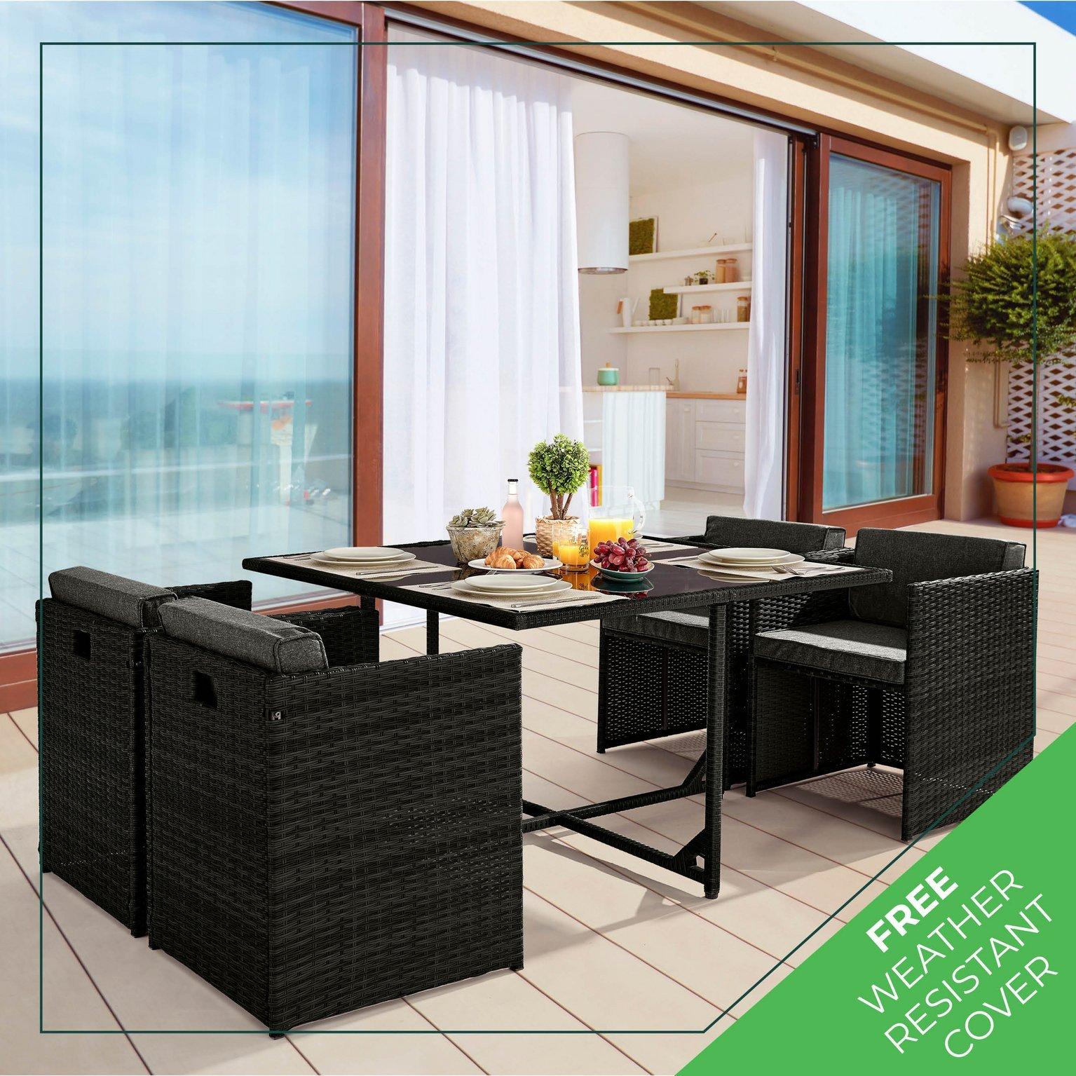 Rhodes Rattan Garden Outdoor 4 Seater Dining Table and Rattan Weave Chairs with Square Glass Top Tab