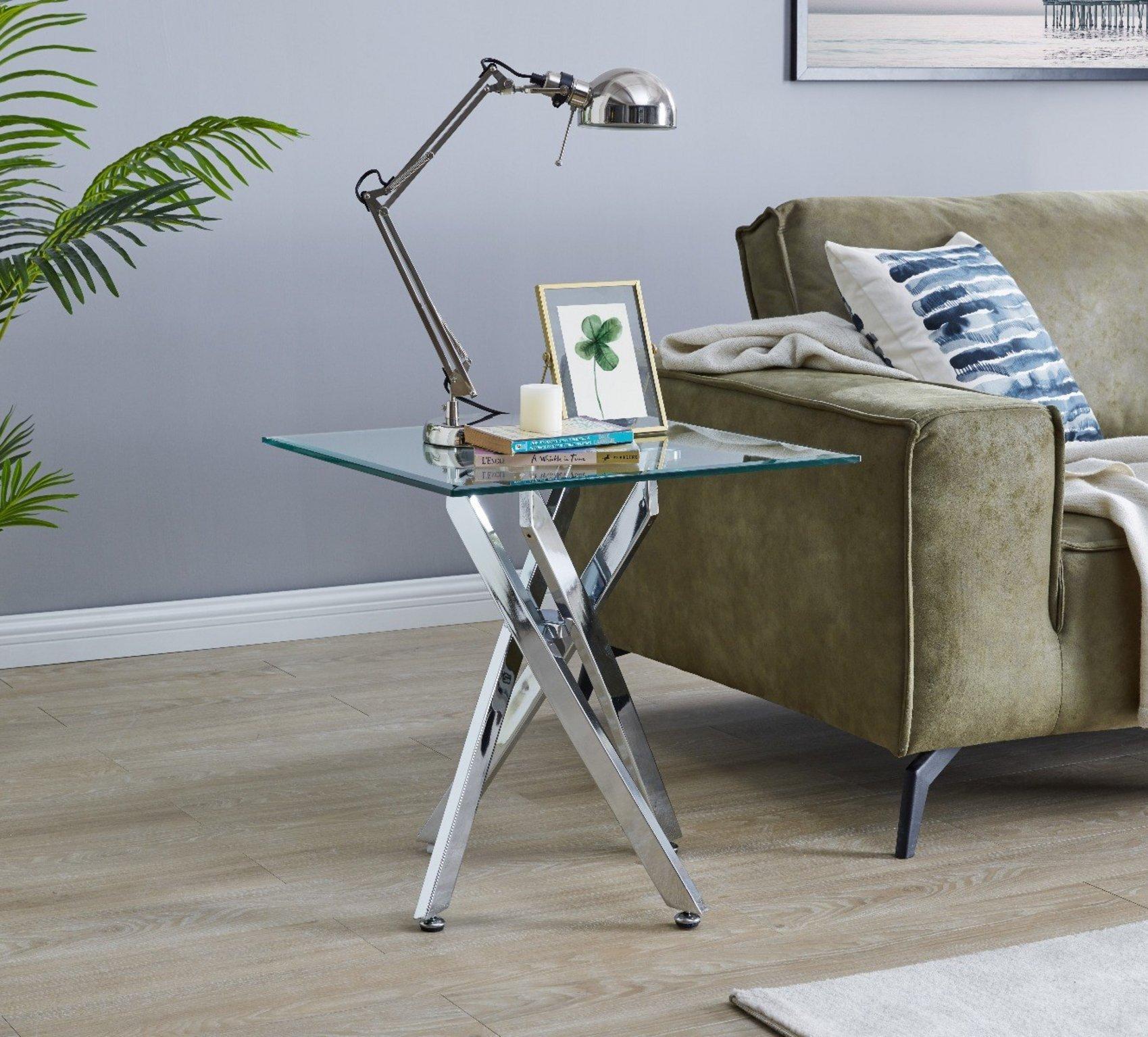 Leonardo Square Glass Side End Bedside Table with Metal Angled Starburst Legs for Modern Living Room