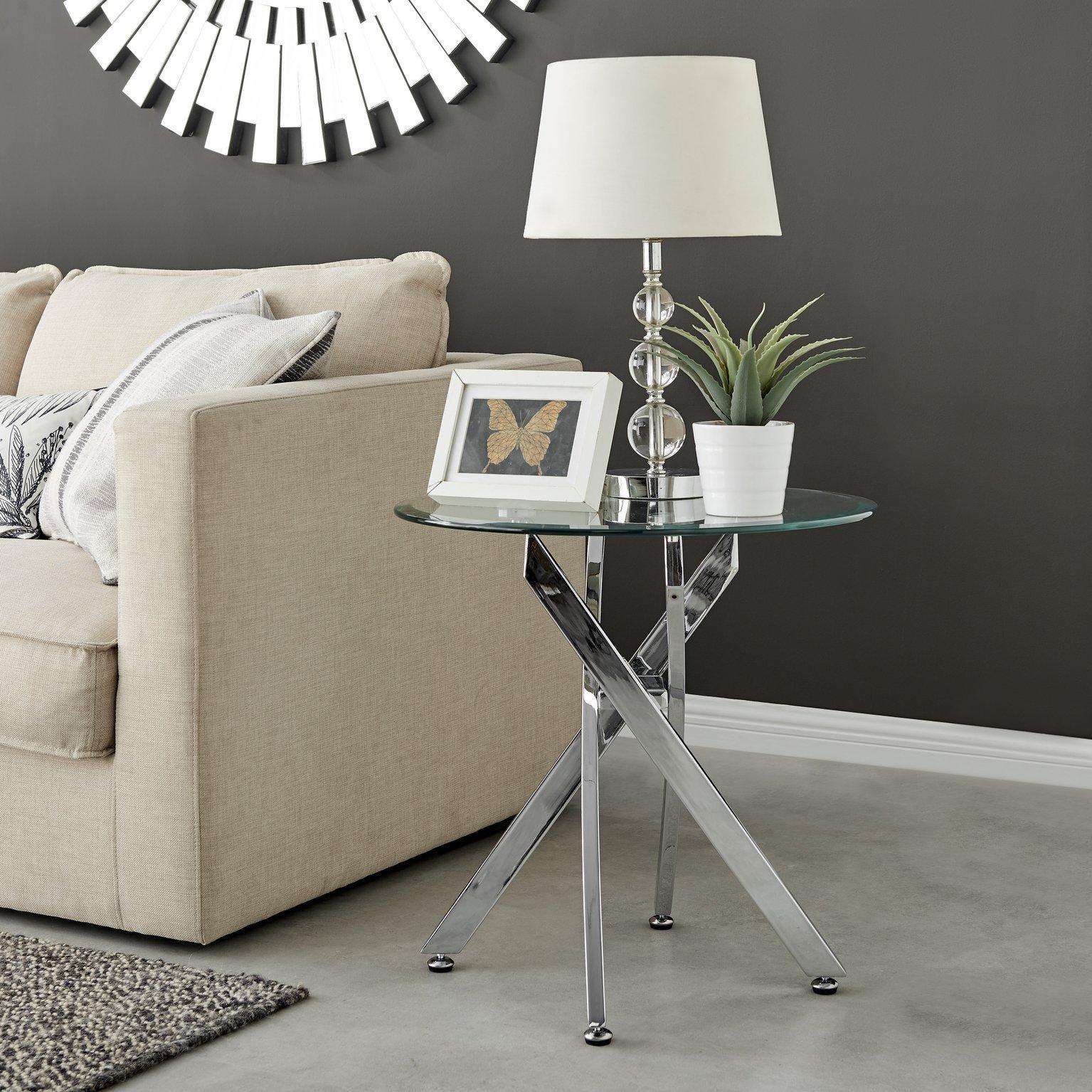 Novara Round Tempered Glass Side End Table with Angled Starburst Metal Legs for Modern Glam Minimali