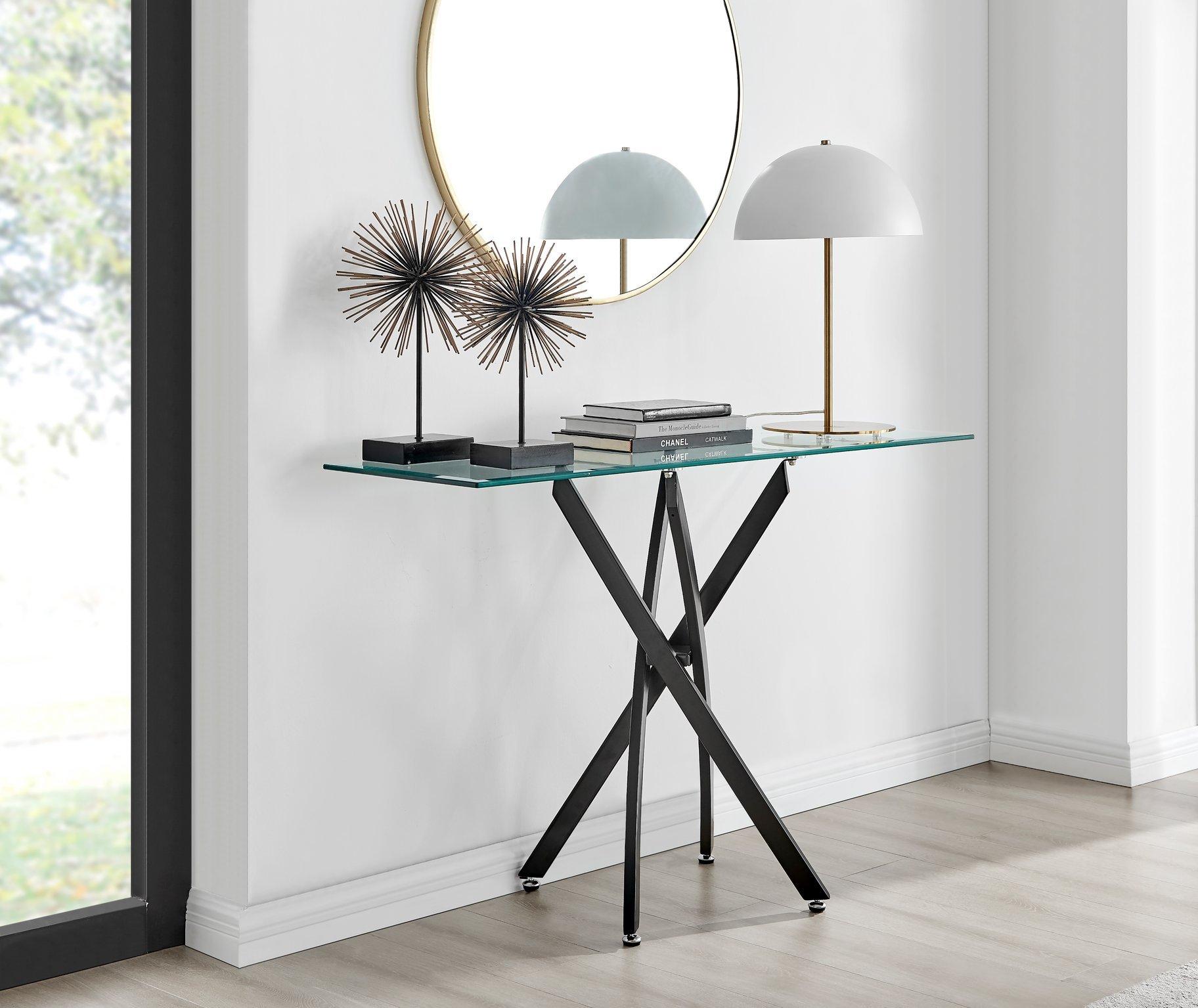 Leonardo Rectangular Glass Console Table with Metal Angled Starburst Legs for Modern Living Room