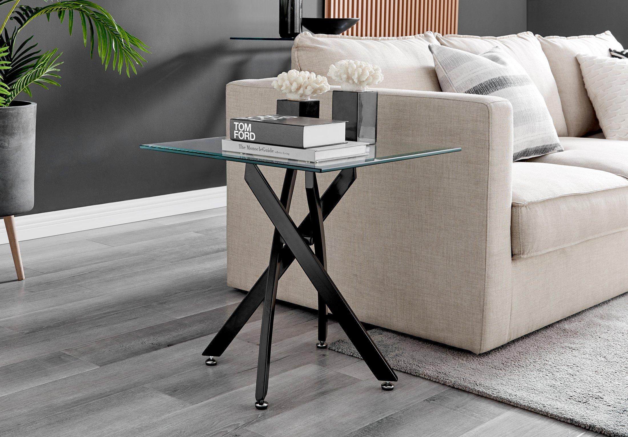 Leonardo Square Glass Side End Bedside Table with Metal Angled Starburst Legs for Modern Living Room