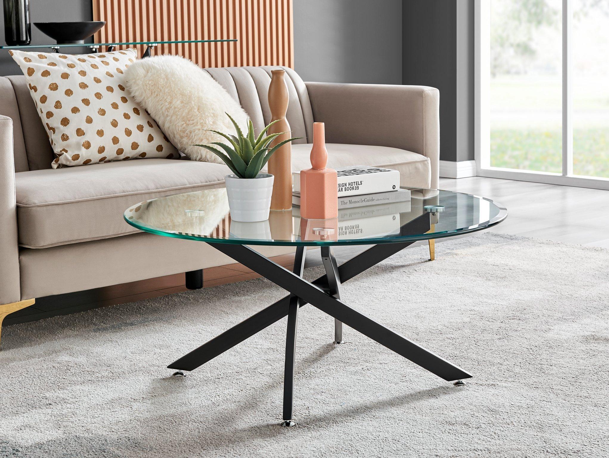 Novara Round Glass Coffee Table with Angled Starburst Metal Legs for Modern Glam Minimalist Living R