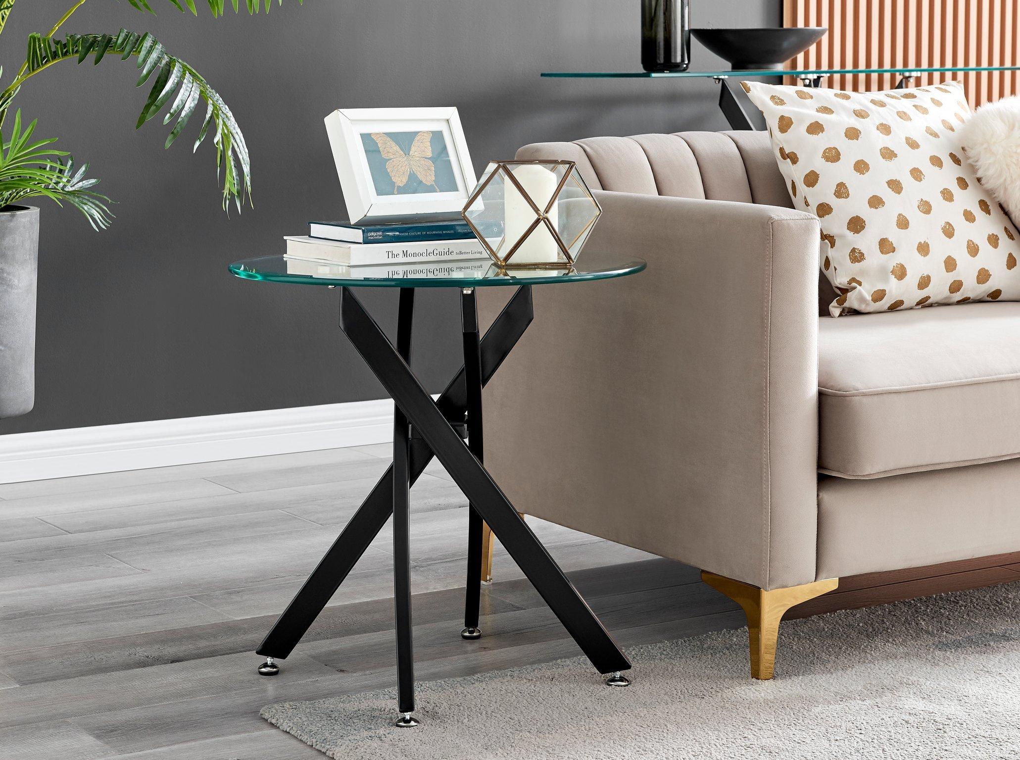 Novara Round Tempered Glass Side End Table with Angled Starburst Metal Legs for Modern Glam Minimali