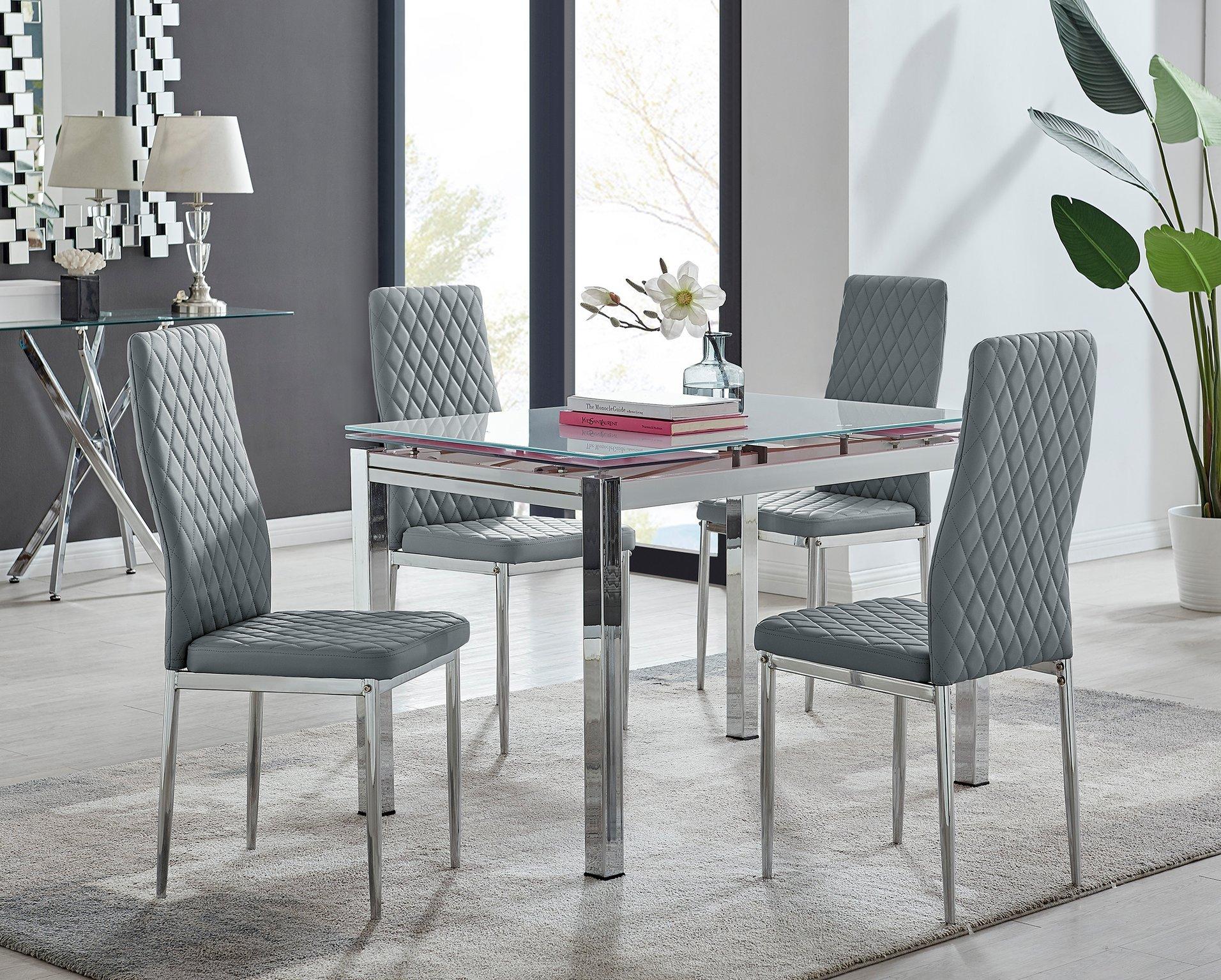 Enna White Glass Extending 4-6 Seater Dining Table and 4 Milan Faux Leather Chairs