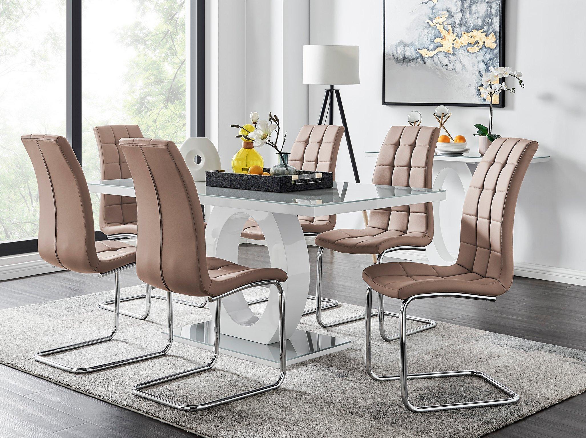 Giovani 6-Seater Grey Glass Dining Table and 6 Murano Faux Leather Dining Chairs