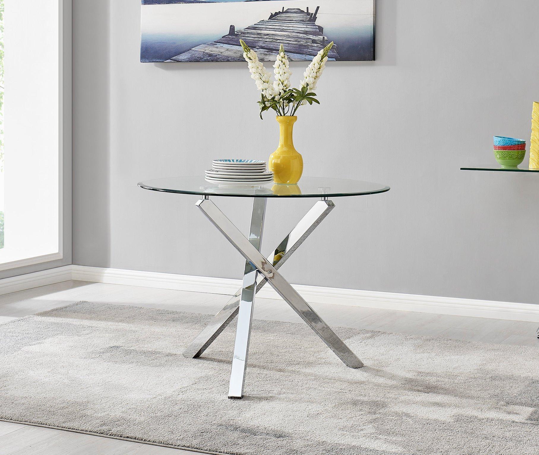 Selina 100cm 4-Seater Striking Round Glass & Chrome Dining Table With Square Legs