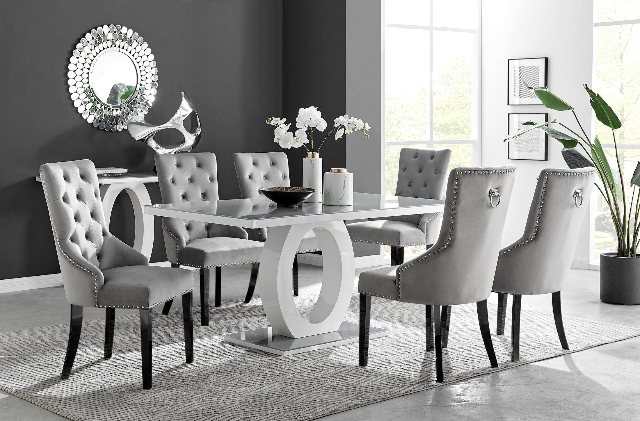 Giovani 6-Seater Grey Glass Dining Table and 6 Belgravia Velvet Dining Chairs