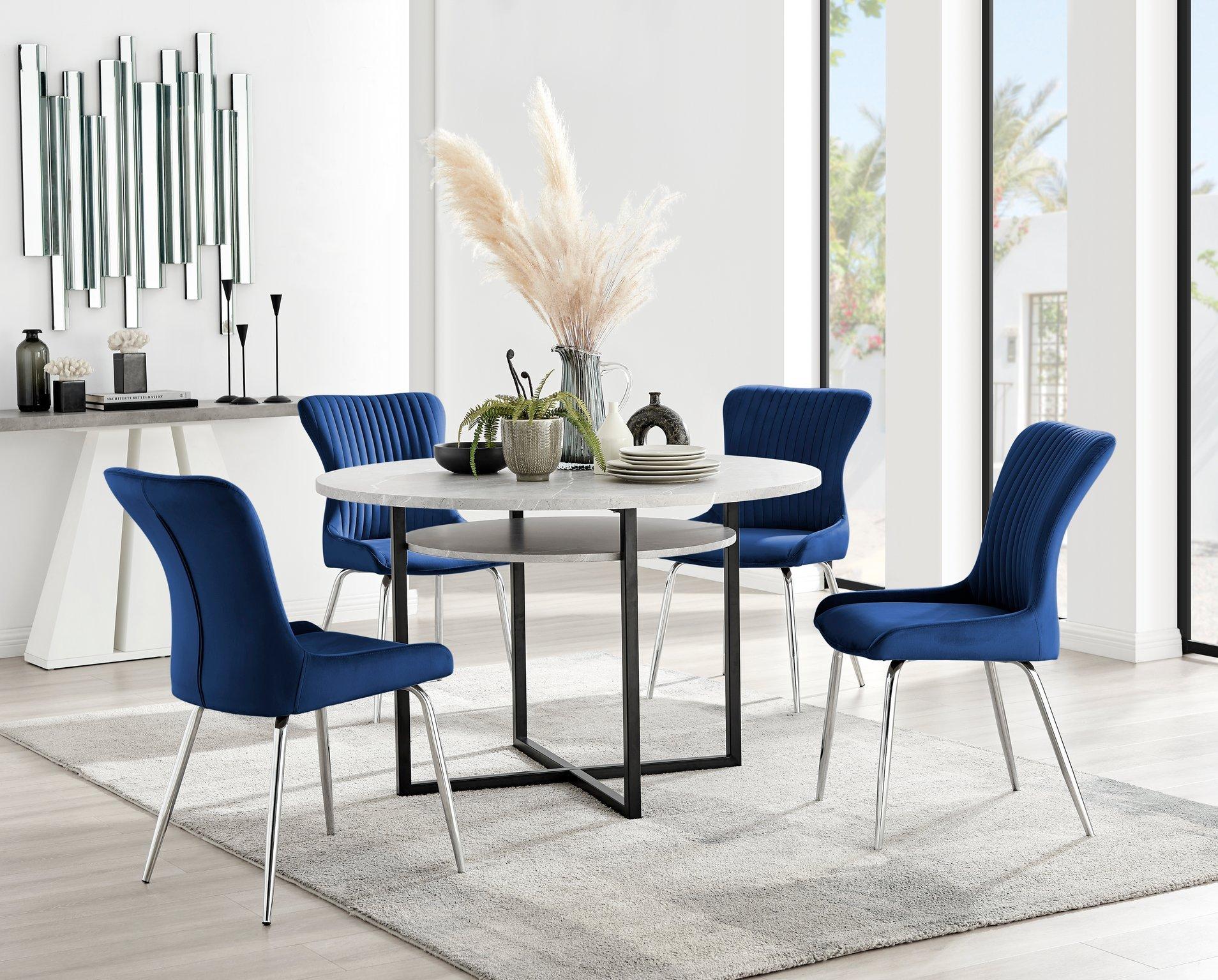 Adley Grey Concrete Effect Round Dining Table & 4 Nora Silver Leg Velvet Chairs