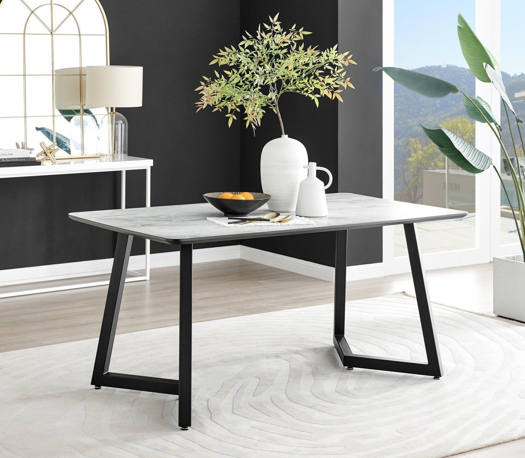 Carson 160cm White Marble Effect Large Dining Table with Black Legs