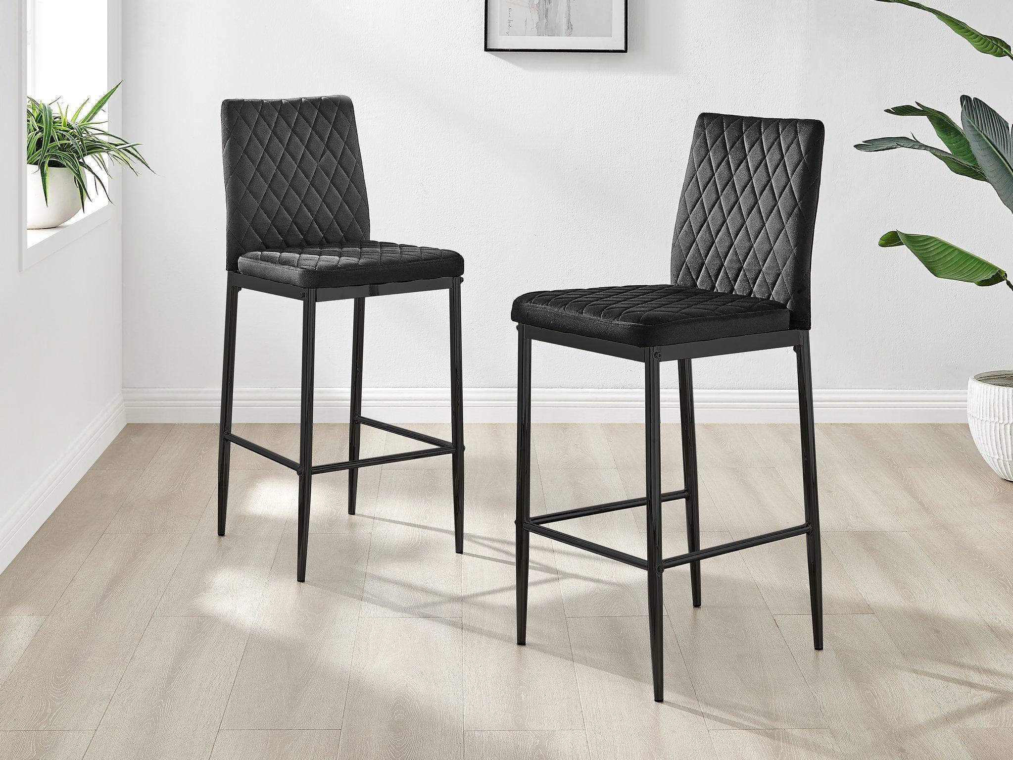 Set of 2 Milan Soft Touch Hatched Velvet Padded Bar Stools With Black Metal Legs