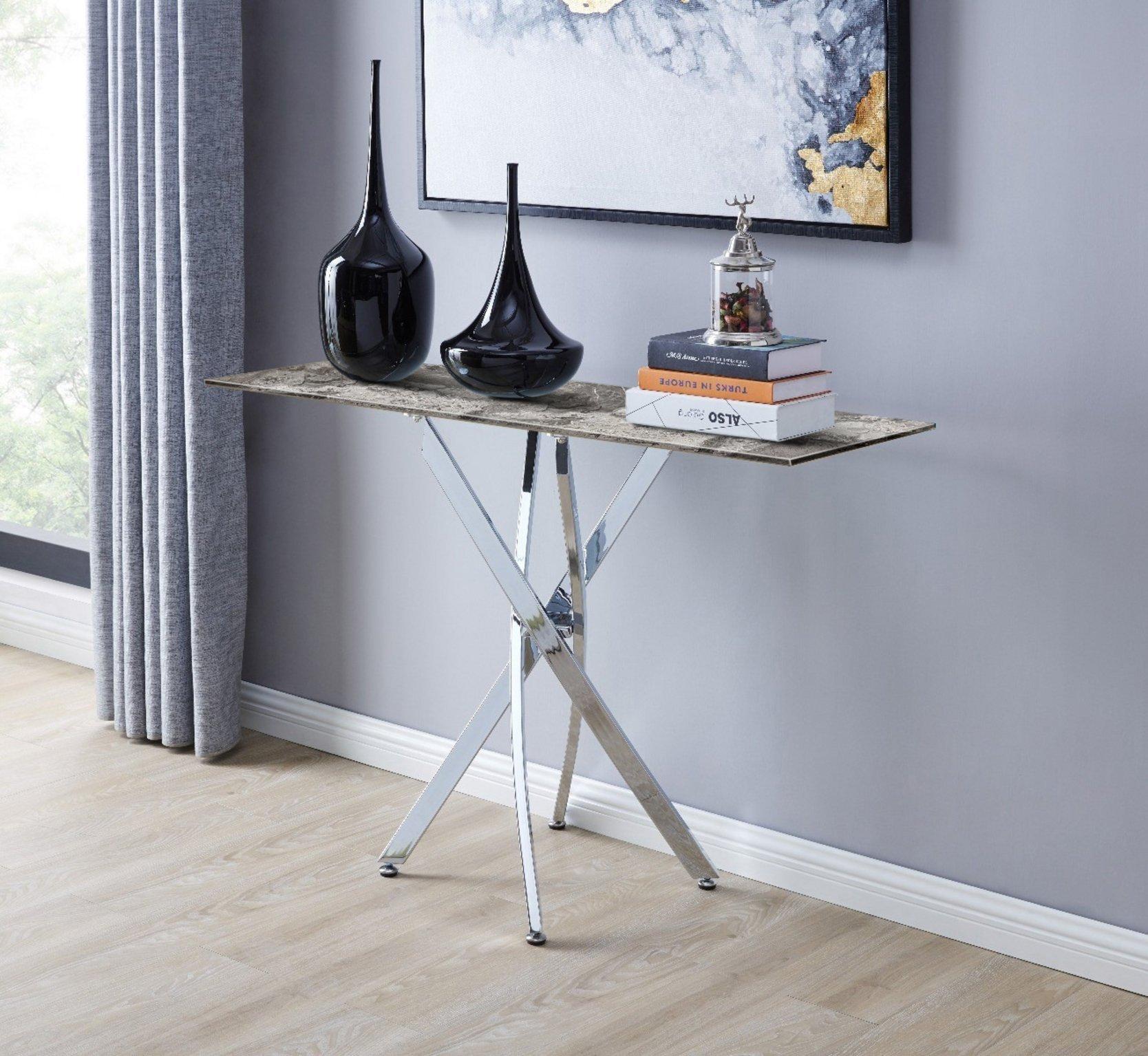 Leonardo Rectangular Marble Effect Glass Top Console Table With Silver Metal Starburst Legs