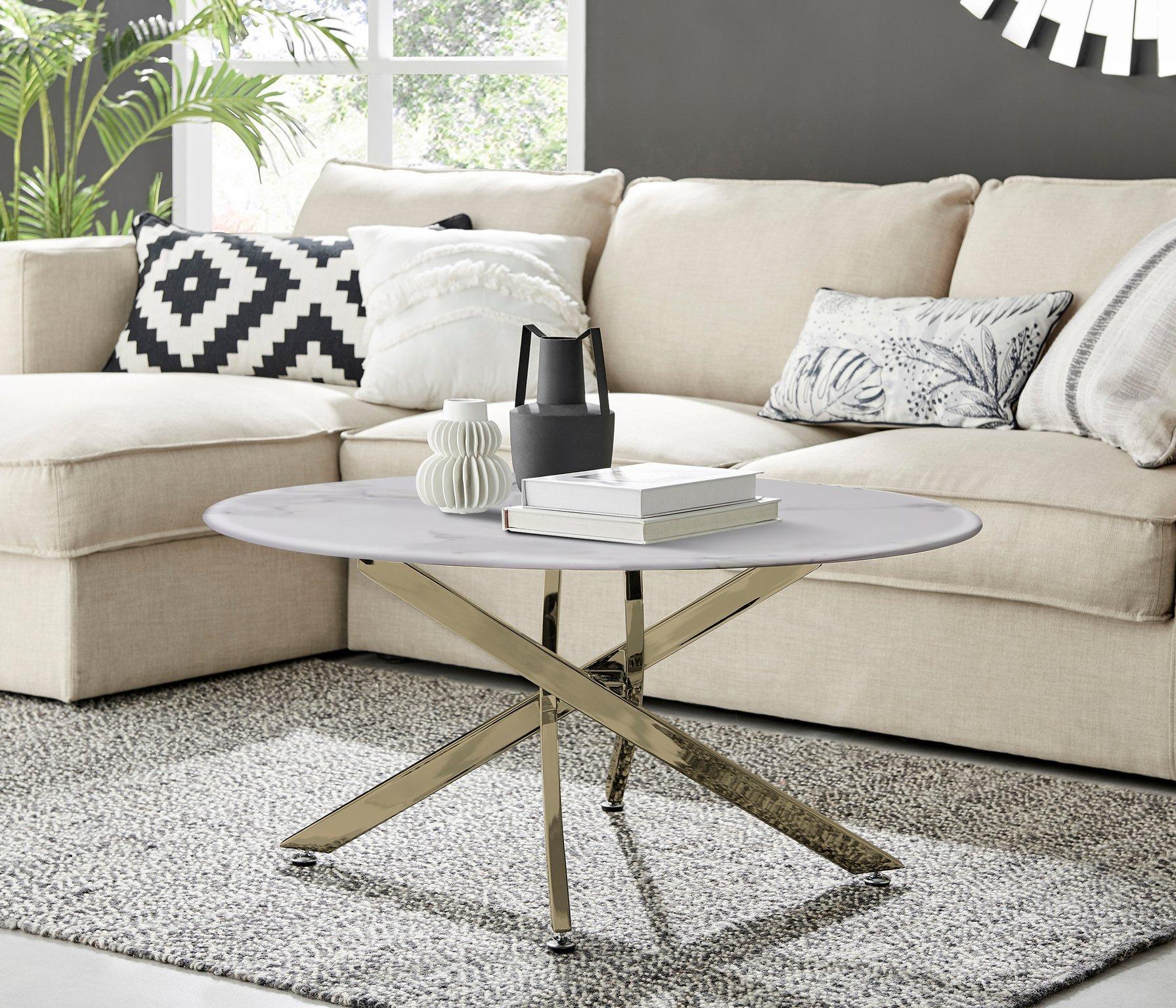Novara Round Marble Effect Glass Top Coffee Table With Gold Metal Starburst Legs