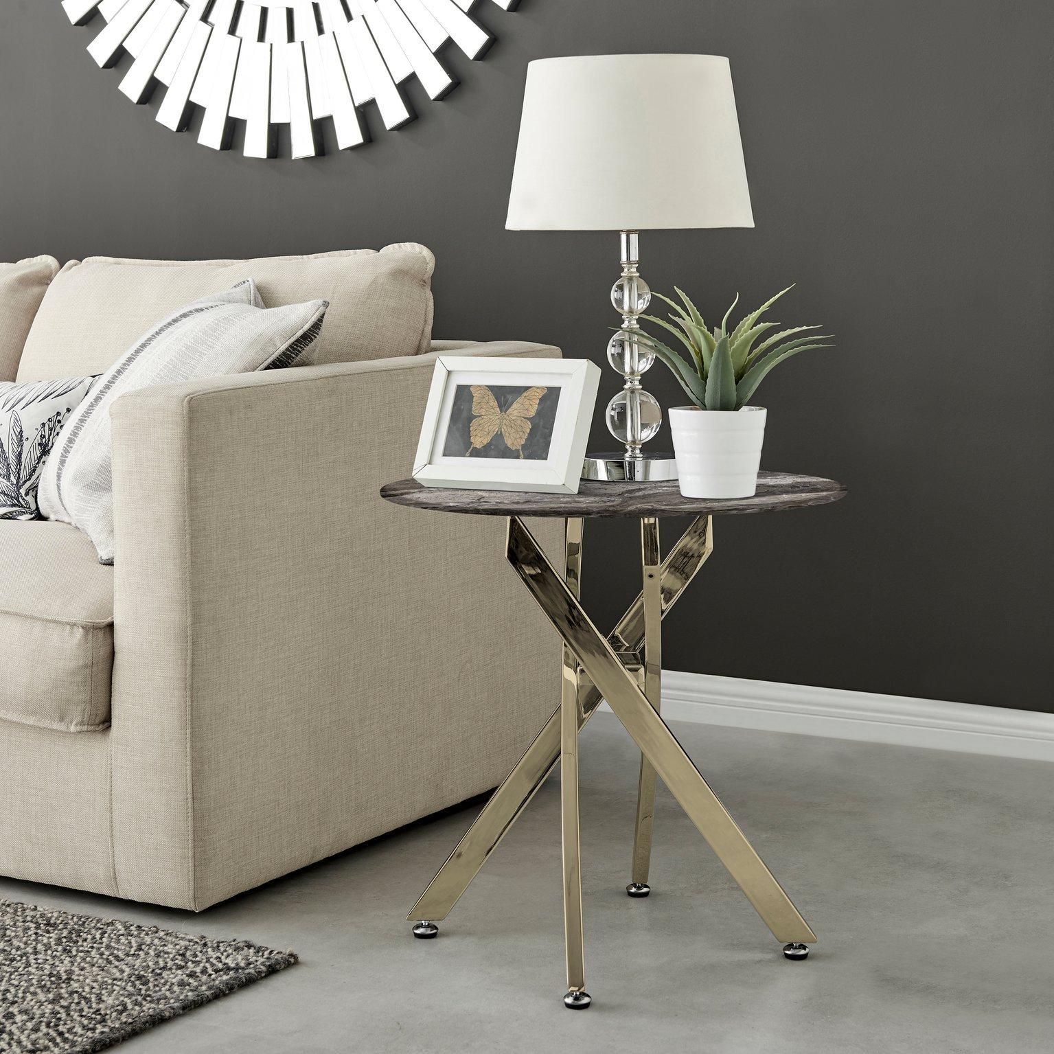 Novara Round Marble Effect Glass Top Side Table With Gold Metal Starburst Legs