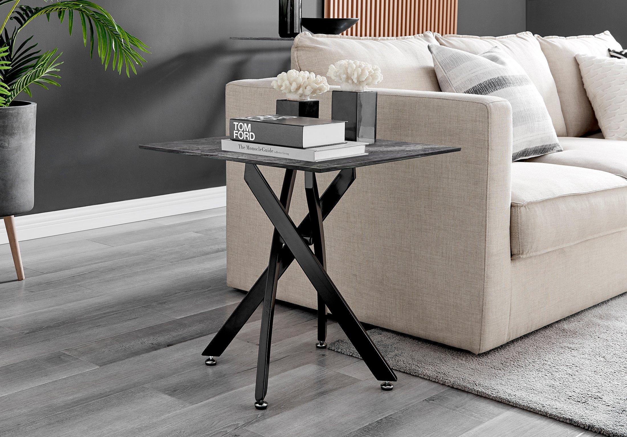 Leonardo Square Marble Effect Glass Top Side Table With Black Metal Starburst Legs