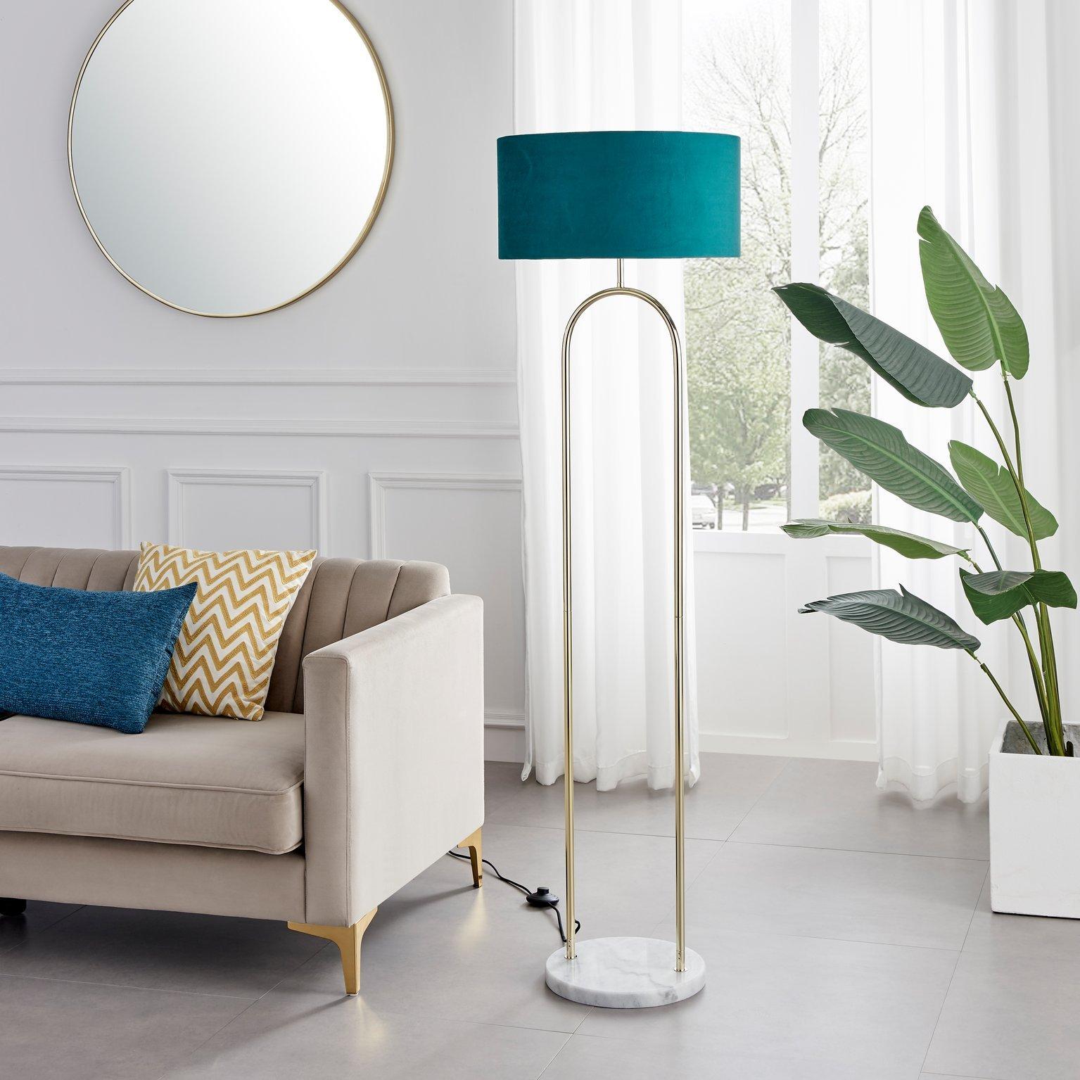 Danielle Art Deco Floor Lamp In Brass Plate With Teal Velvet Shade and Marble Base