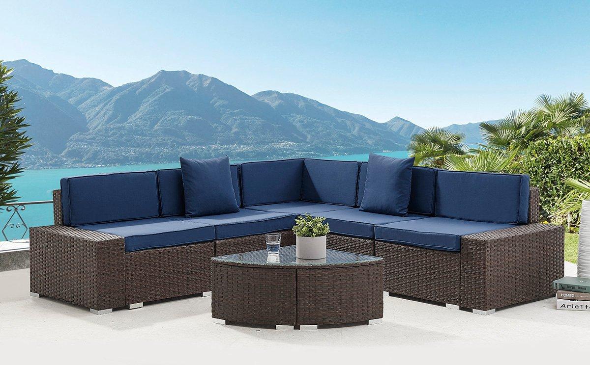 Mijas Corner Corner Rattan Garden Furniture Sofa Set Quarter Circle Glass Topped Table Navy Blue Cus