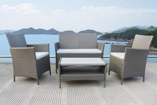 Home Detail Nice 4 Piece Grey Rattan Garden Furniture Set with Polywood Topped Table Armchairs Light Grey Seat Cushions 1