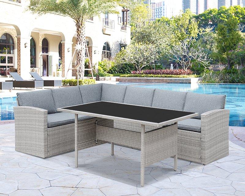 homedetail.co.uk Corner Rattan Sofa Set for Outdoors with Dining Table - Grey