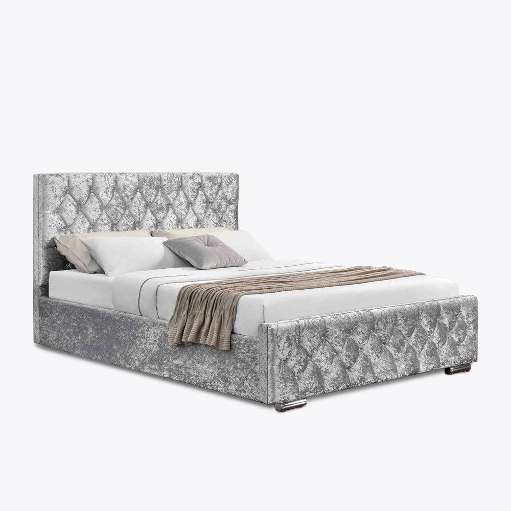 Arya Velvet Silver Super King Ottoman Bed
