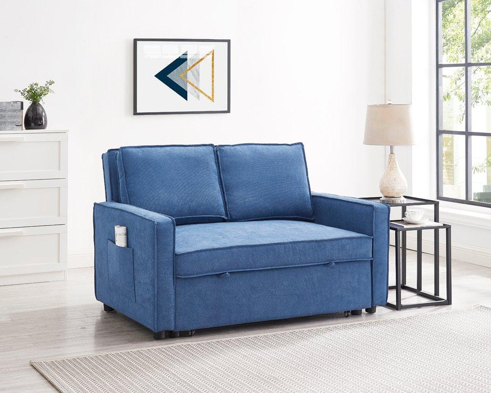 Hugo 2 Seater Sofa Bed Pull Out Linen Fabric, Blue