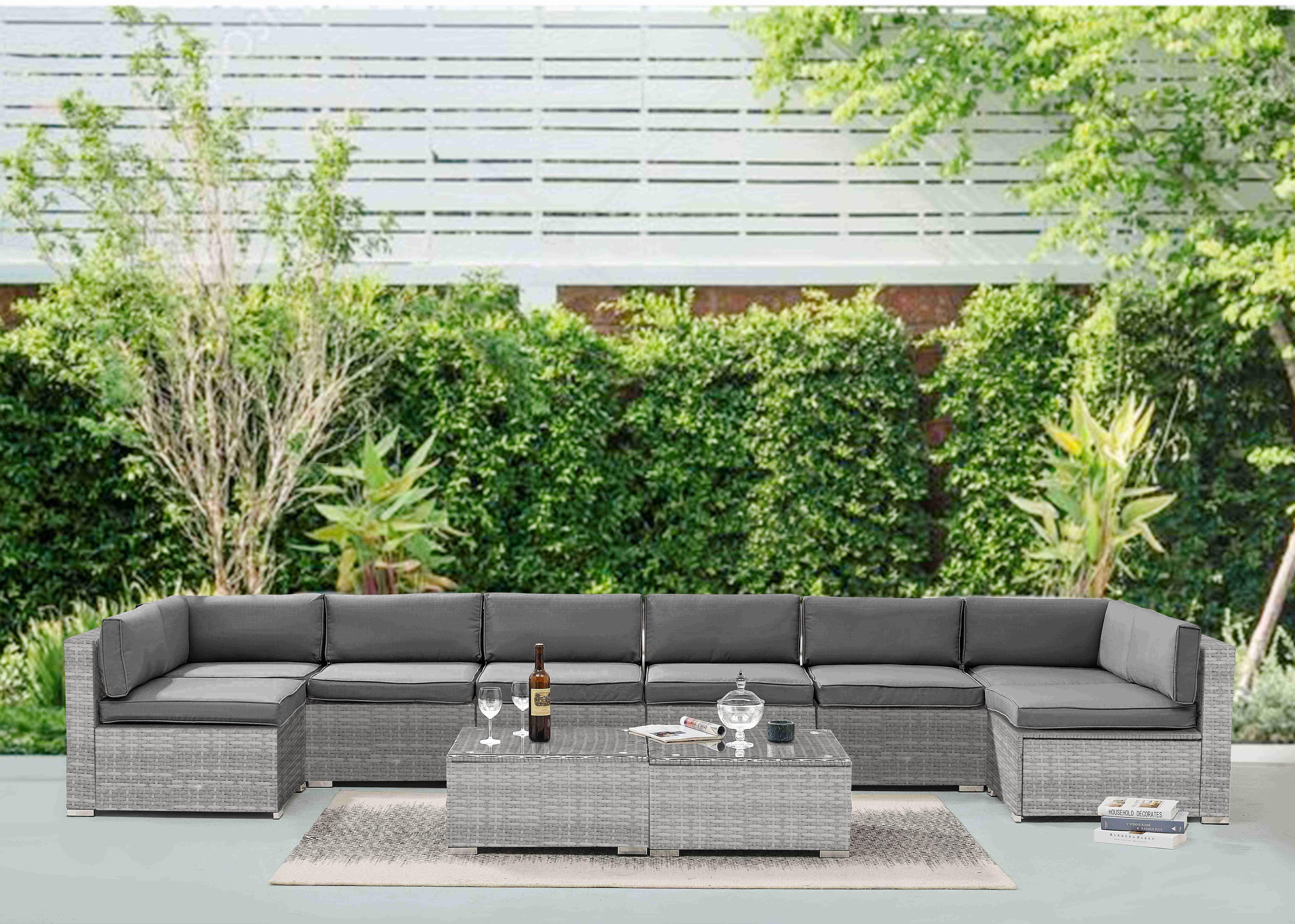 Tropez 10 Piece Modular Rattan Garden Furniture Sofa Set U-Shape or Corner with 2 Coffee Tables