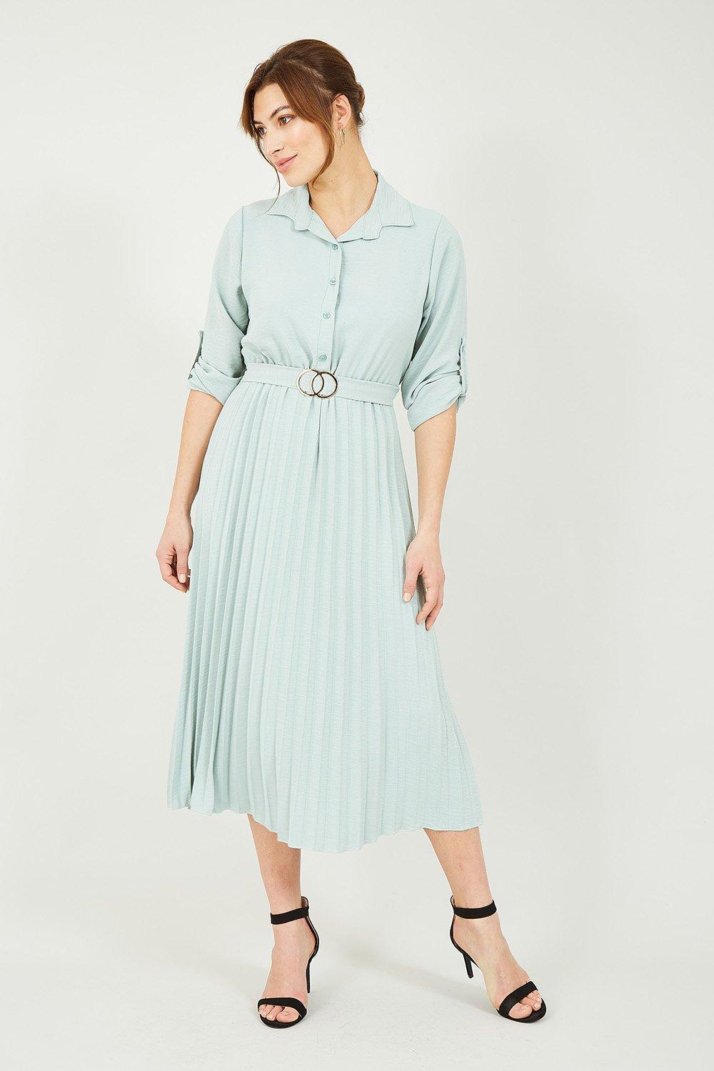 Sage Green Pleated Skirt Midi Dress With Gold Buckle