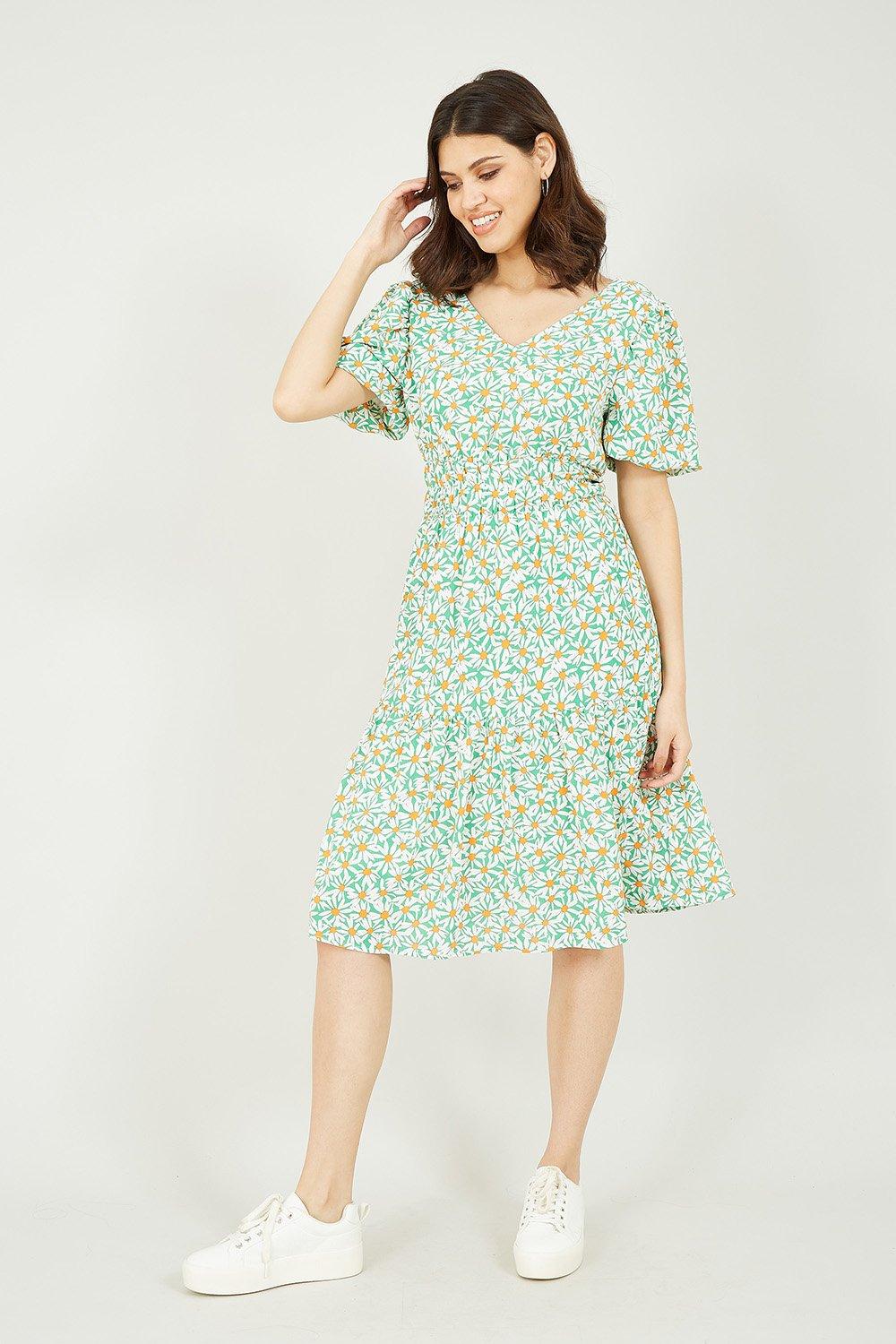 Green Daisy Ruched Dress With Puff Sleeves
