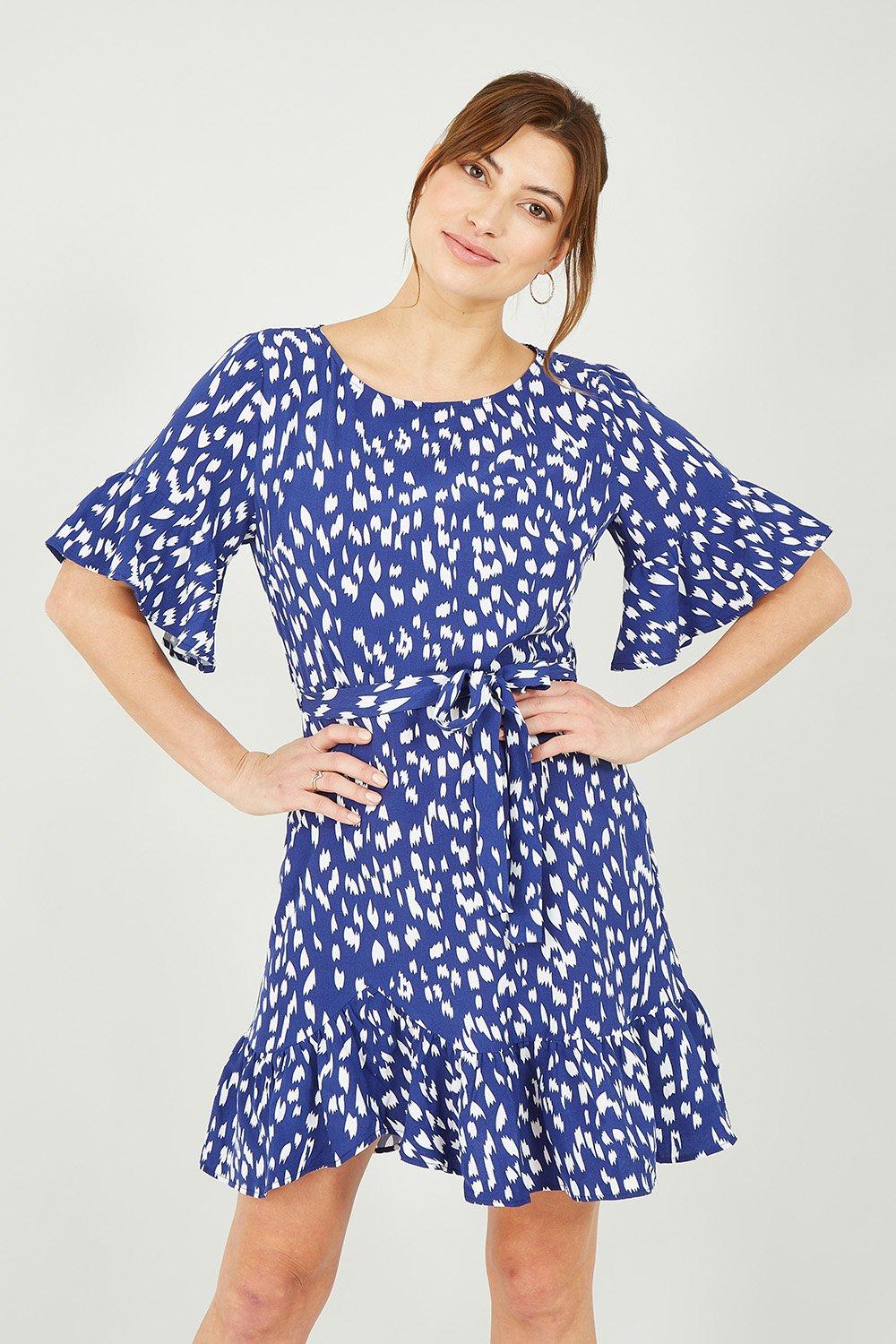 Navy Dash Print Dress With Fluted Sleeve