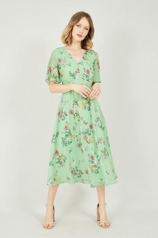Della Midi Dress - Plunge Neck Short Sleeve Pleated Dress in Green