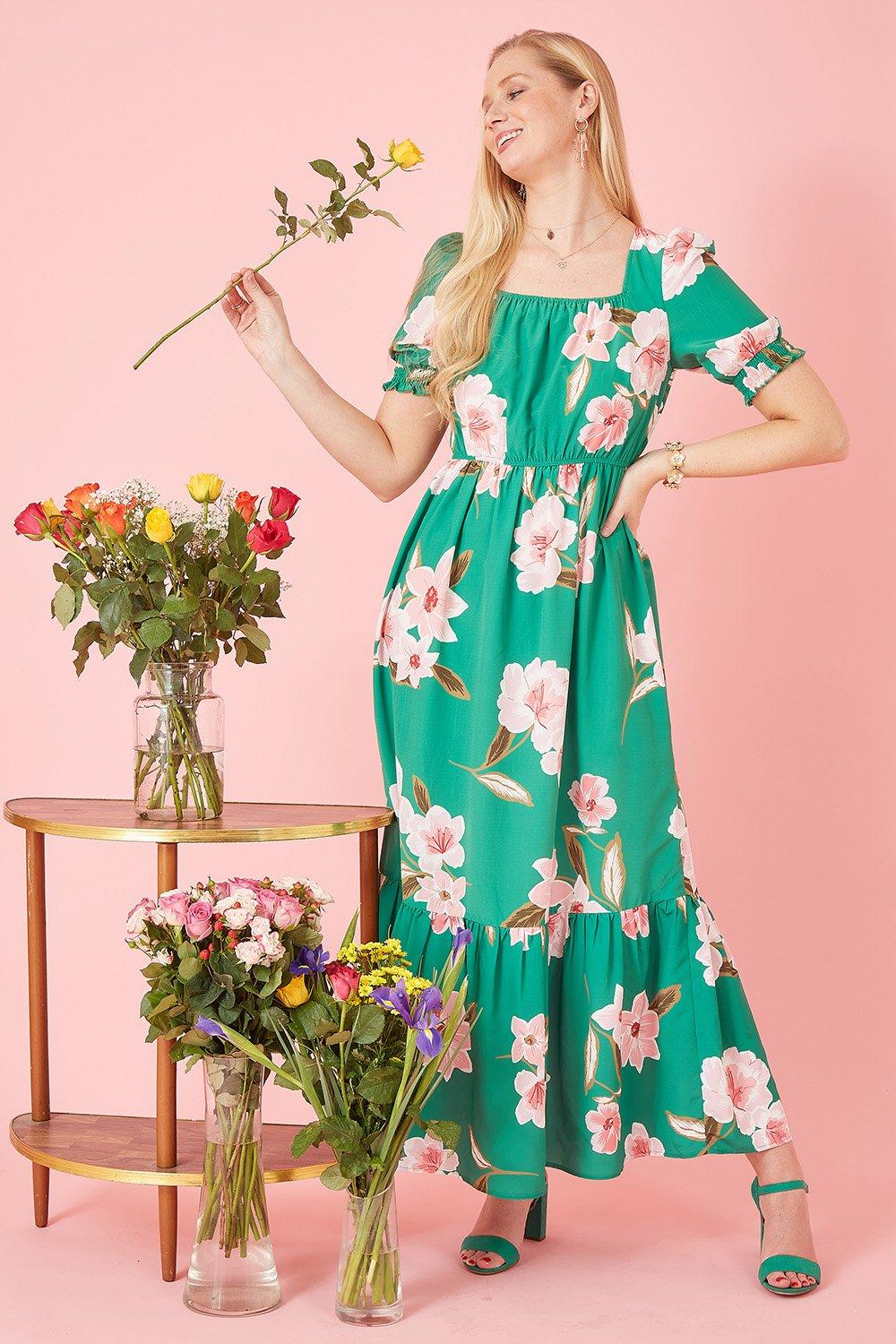 Green Oversized Floral Gypsy Maxi Dress