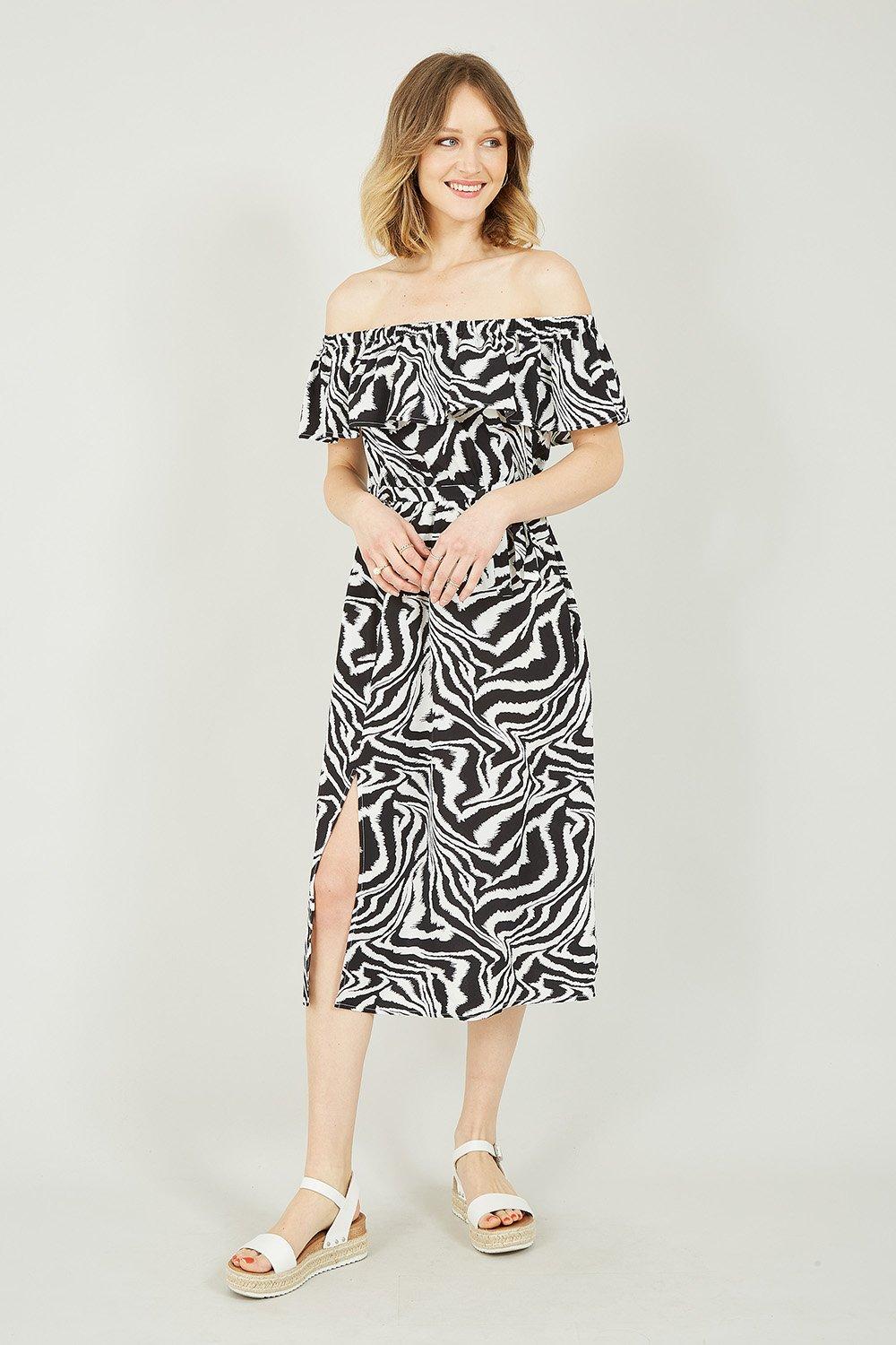 Black Zebra Print Bardot Dress