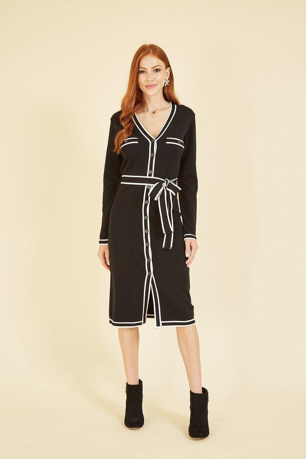 Black Knitted Shirt Dress With Contrast Border