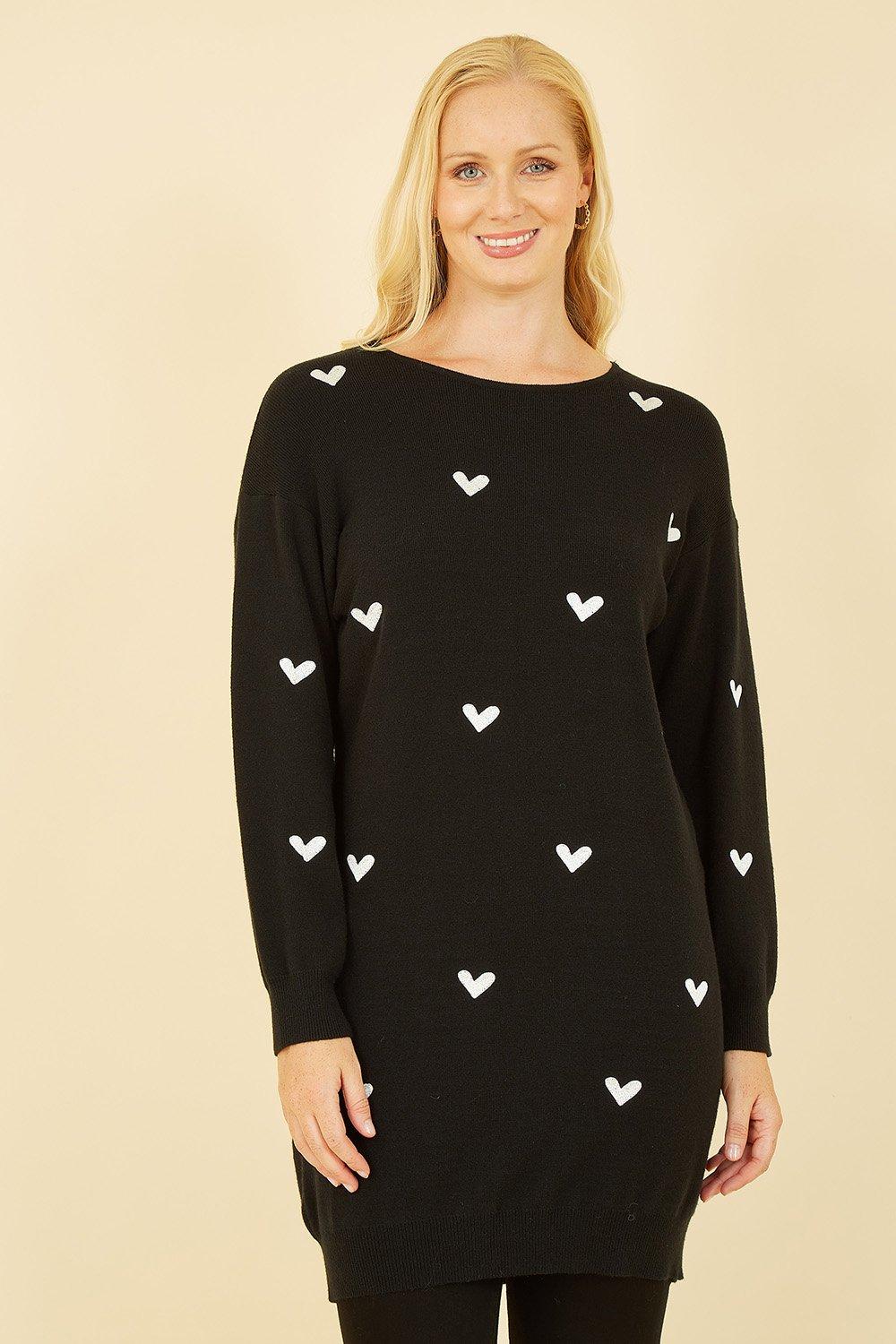 Black Embroidered Heart Print Tunic Dress