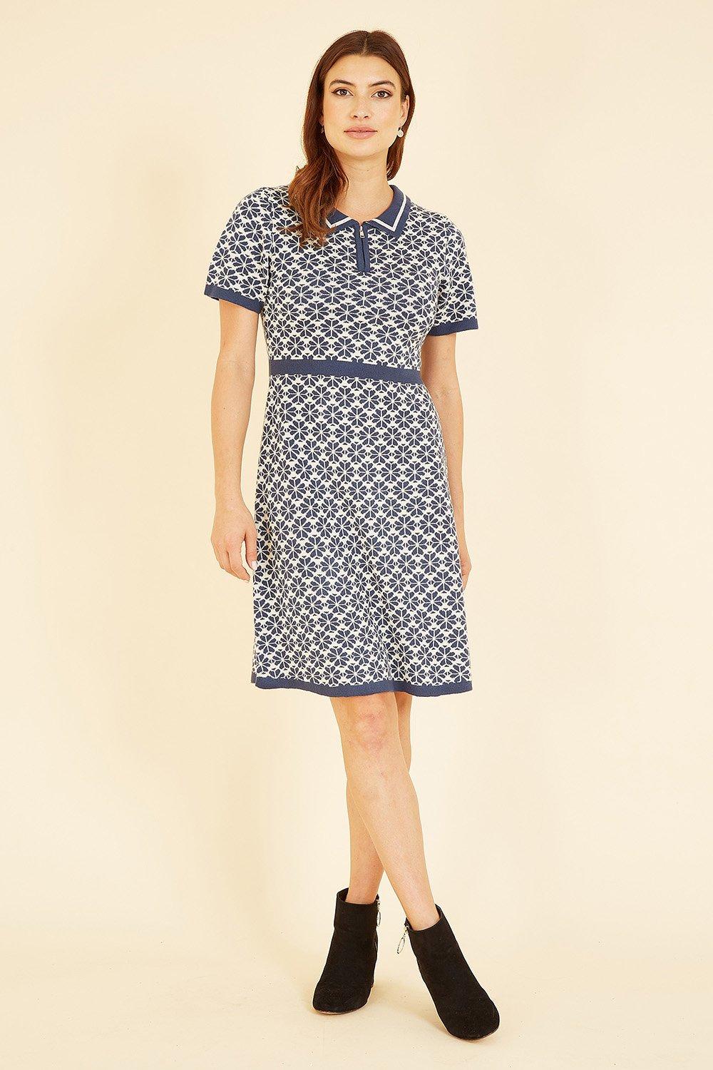 Blue Intarsia Daisy Knitted Dress With Zip Collar