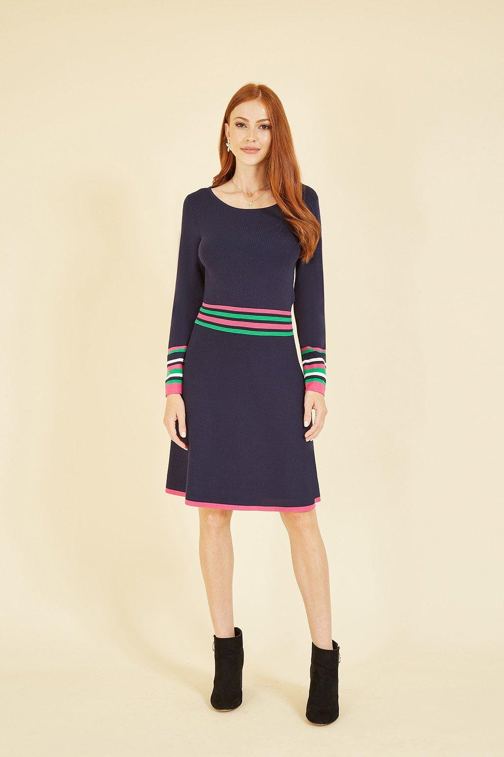 Navy Knitted Dress With Contrast Stripe Waistband and Cuffs