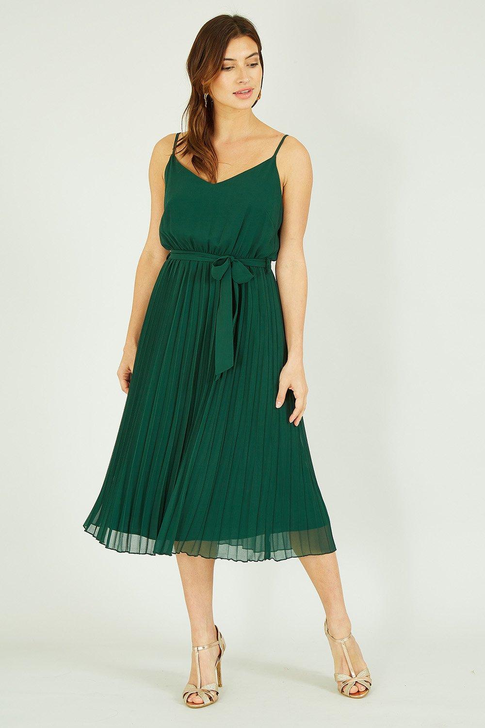 Green Pleated Strappy Midi Dress