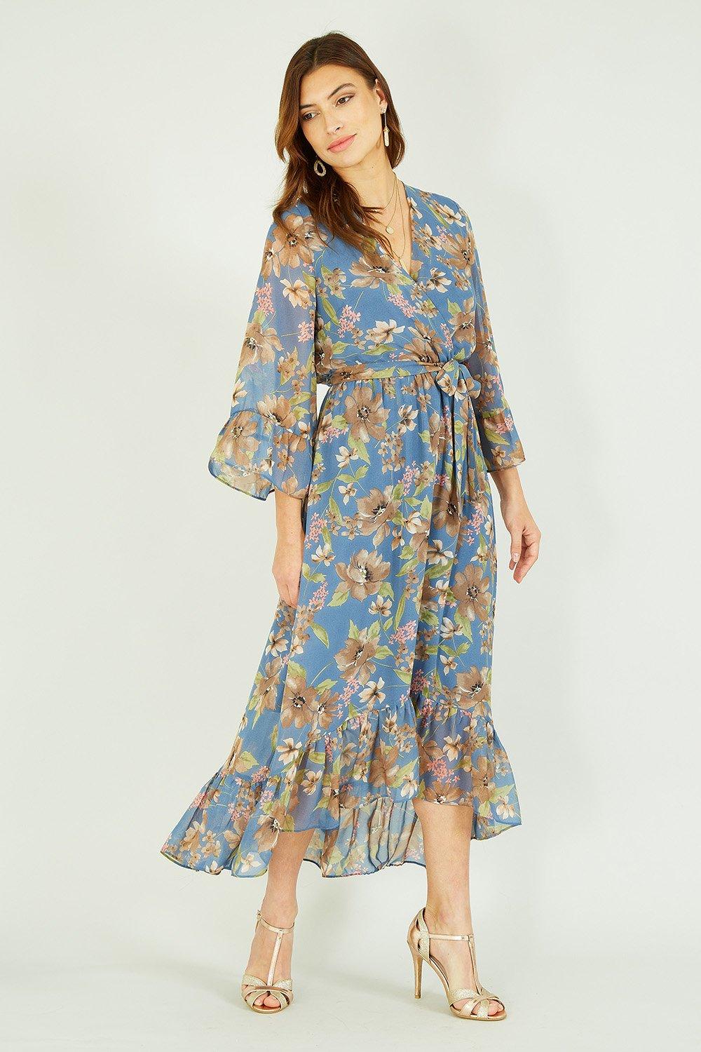 Yumi Grey Floral Dip Hem Midi Dress