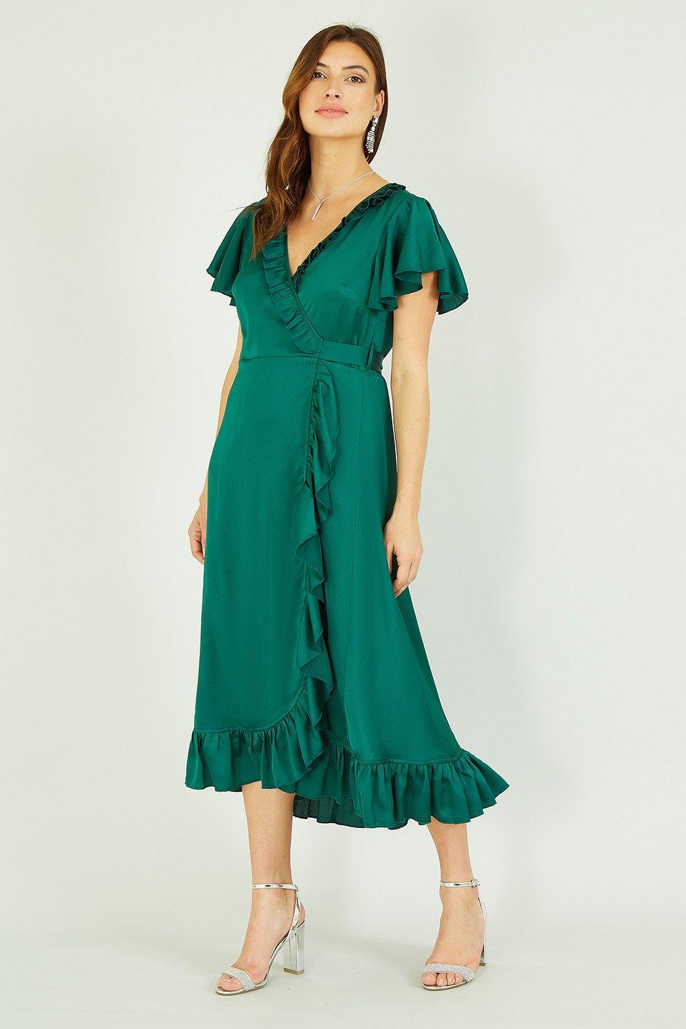 Yumi Green Satin Wrap Midi Dress