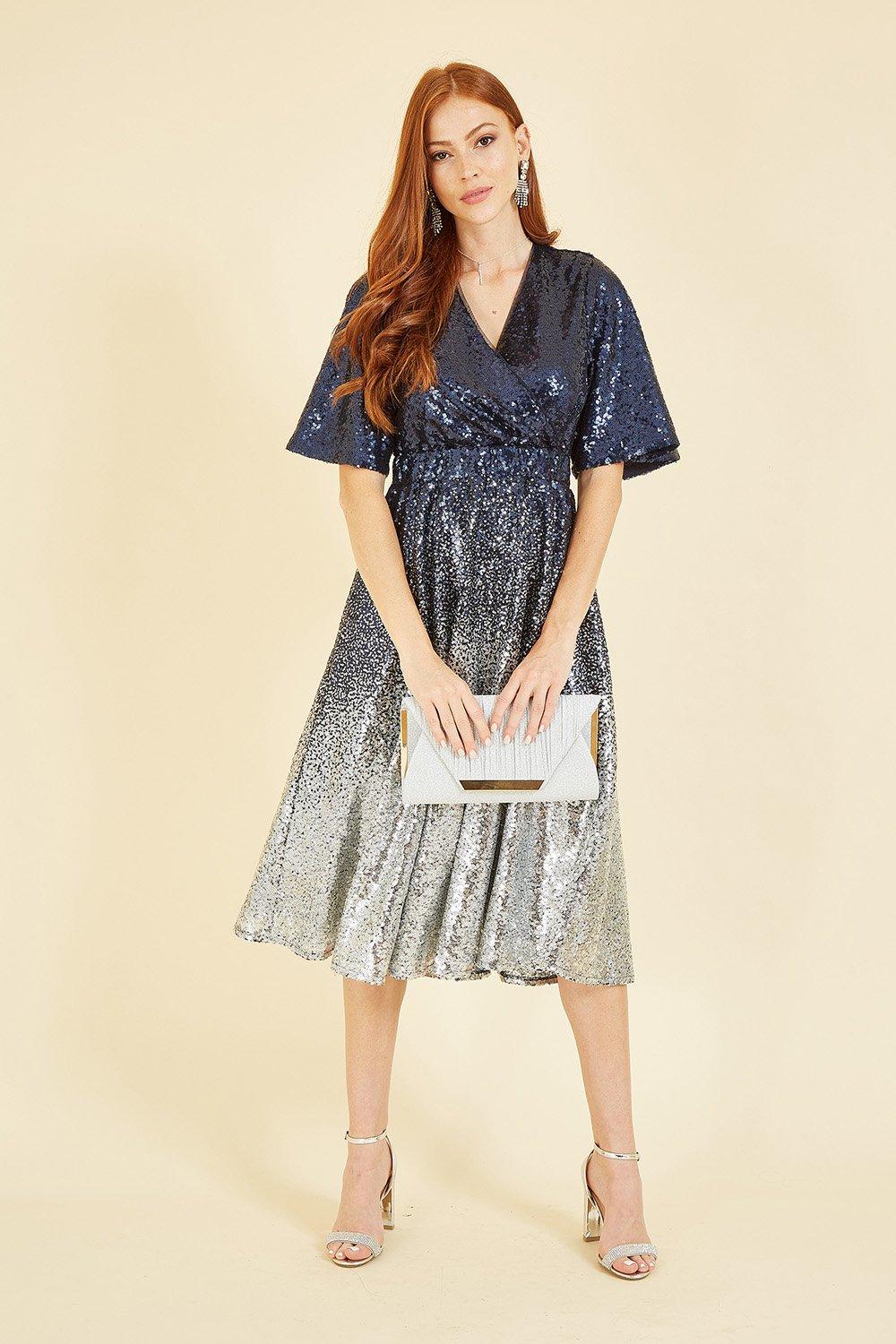 Navy and Silver Ombre Sequin Midi Wrap Dress