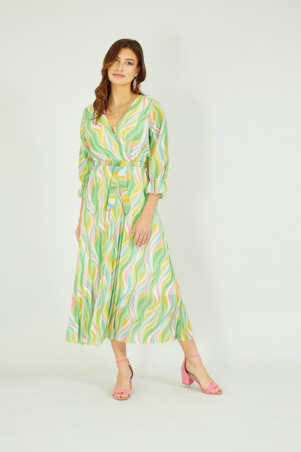 Green Swirl Print Pleated Dress With Belt