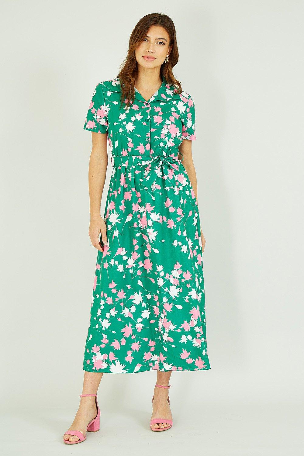Green Floral Print Midi Shirt Dress