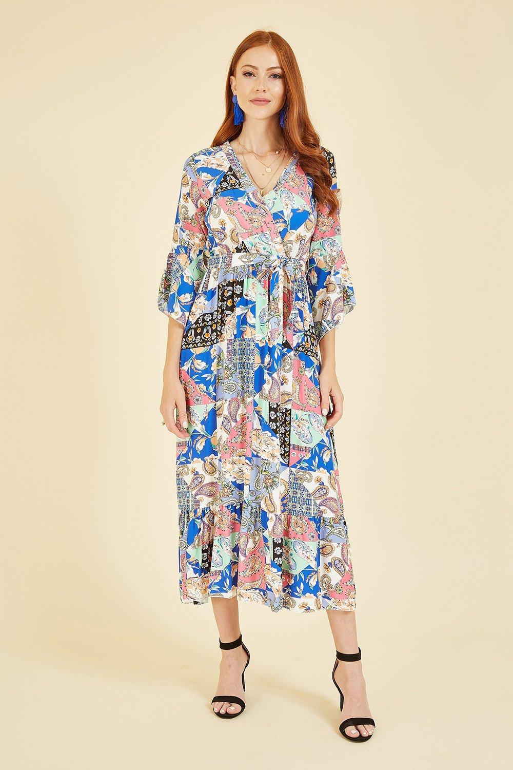 Blue Scarf Print Wrap Dress With Fluted Sleeves