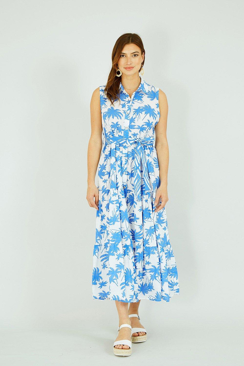 Blue Cotton Palm Print Tiered Midi Dress