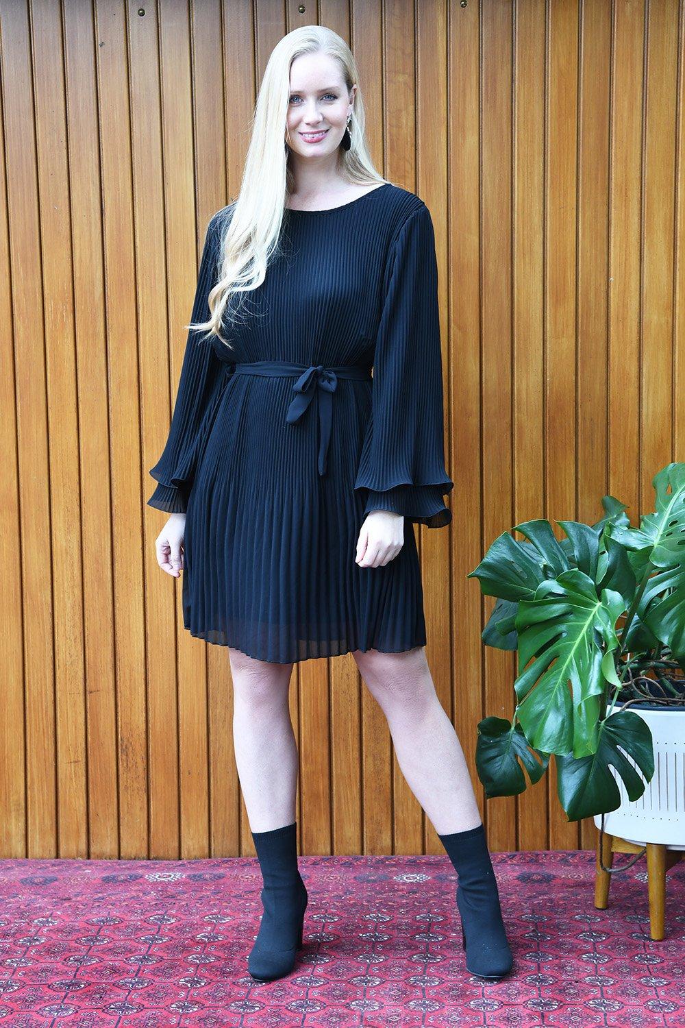 Black Pleated Dress With Double Fluted Long Sleeves