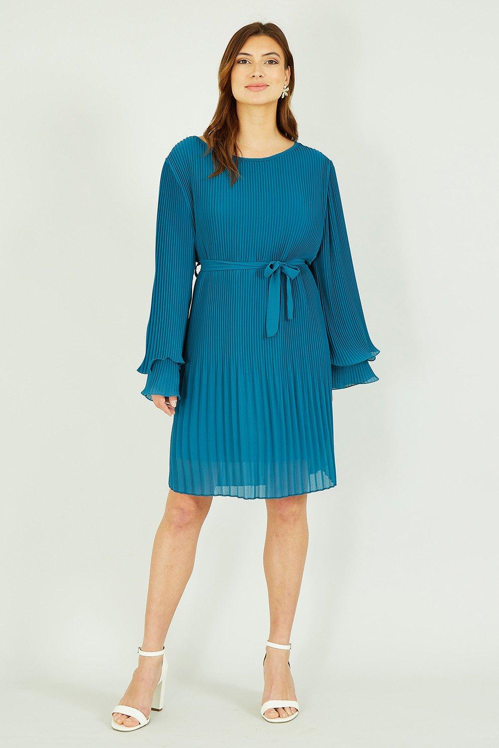 Teal Pleated Dress With Double Fluted Long Sleeves