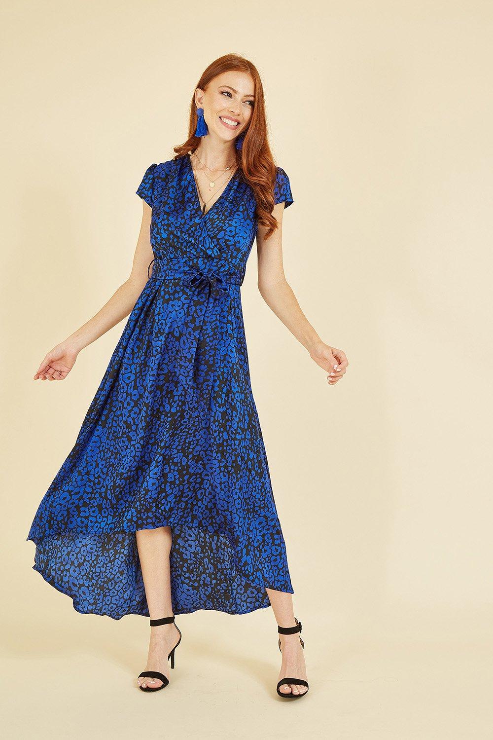 Blue Animal Print Dip Hem Midi Wrap Dress