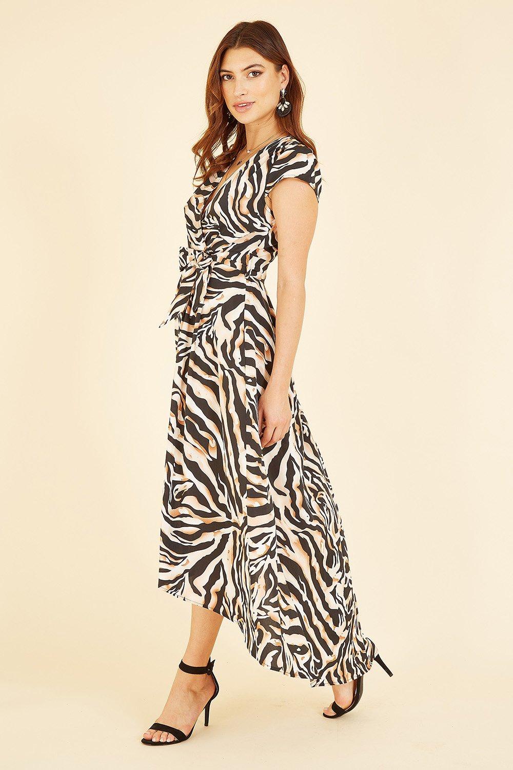 Black Zebra Print Dipped Hem Wrap Dress